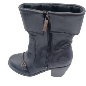 Harley Davidson Heeled Boots Womens 7 Black Leather Moto Fold Over Cuff